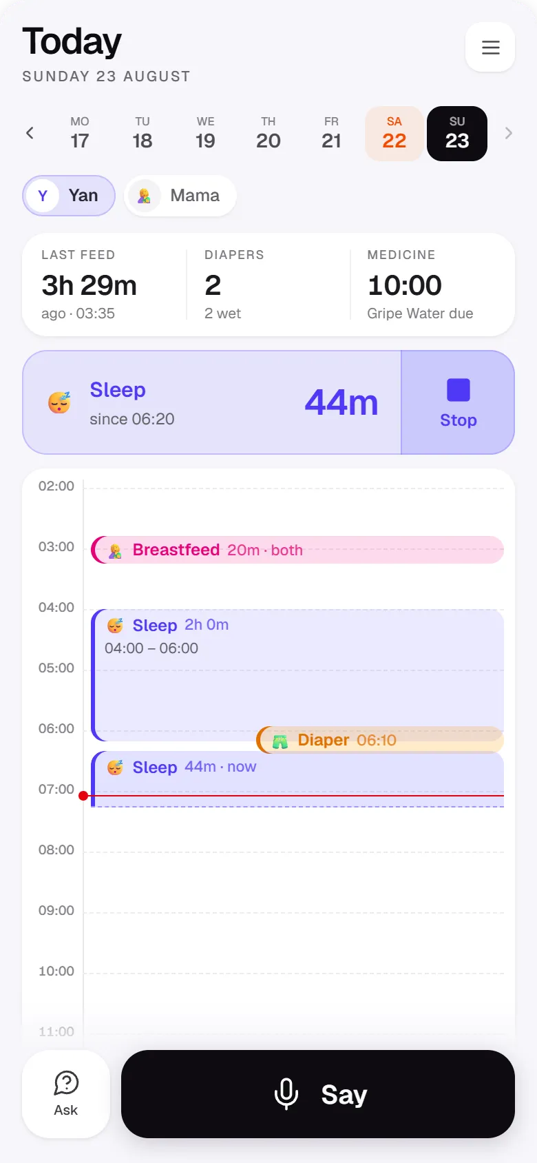 A day timeline with a sleep still running